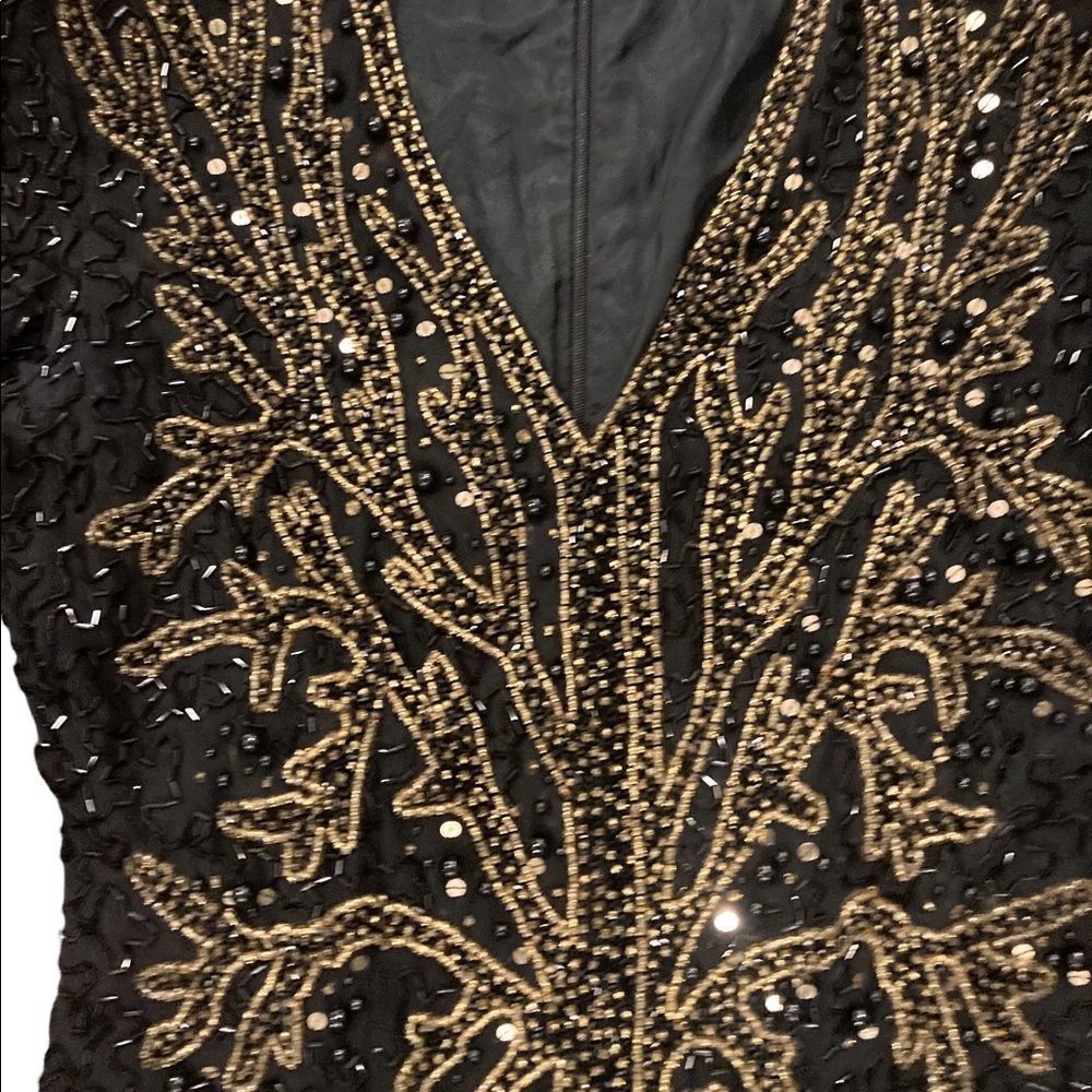 Vintage Swee Lo black and gold sparkling shimmery  sequin evening gown w/ split - Picture 3 of 13
